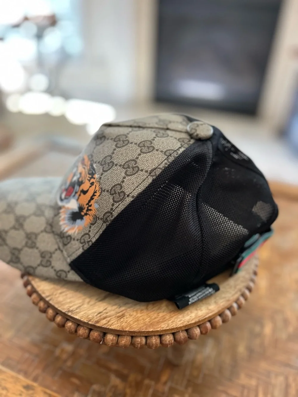 Gucci Beige GG Monogram Tiger Patch Trucker Cap - Picture 8 of 14